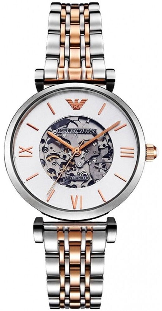 Emporio Armani Gianni T Bar Skeleton Silver Dial Two Tone Steel Strap Watch For Women - AR1992