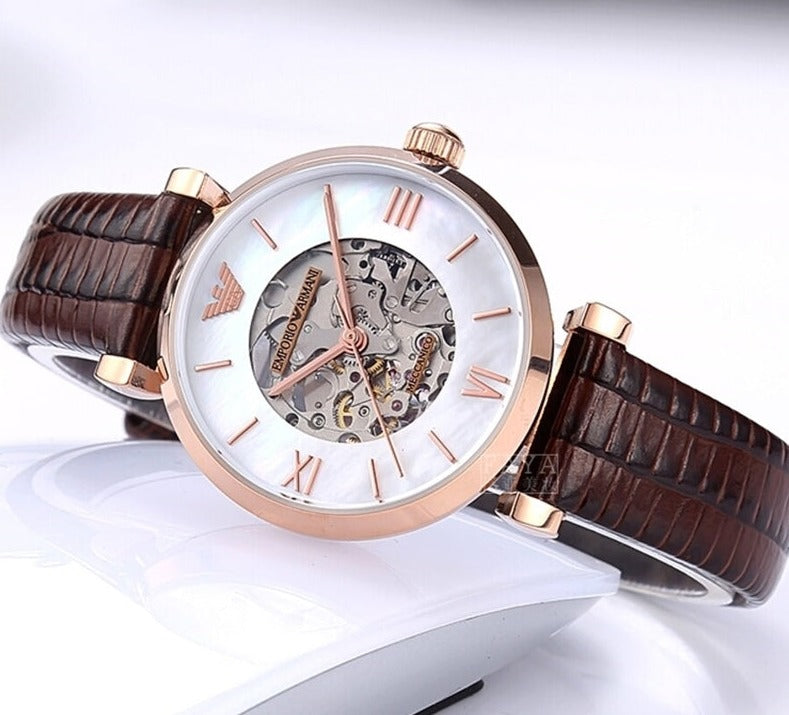 Emporio Armani Meccanico Mother of Pearl Skeleton Dial Brown Leather Strap Watch For Women - AR1993