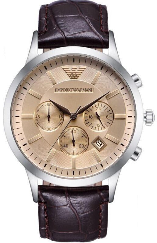 Emporio Armani Classic Chronograph Beige Dial Brown Leather Strap Watch For Men - AR2433