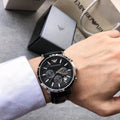 Emporio Armani Renato Chronograph Black Dial Black Leather Strap Watch For Men - AR2447