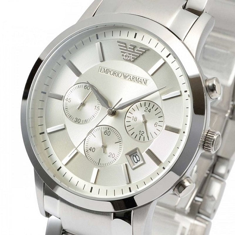 Emporio Armani Renato Chronograph Cream Dial Silver Steel Strap Watch For Men - AR2458