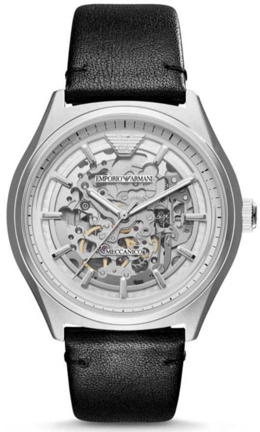 Emporio Armani Meccanico White Skeleton Dial Black Leather Strap Watch For Men - AR60003