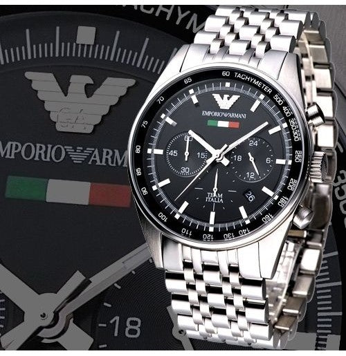 Emporio Armani Tazio Chronograph Team Italia Black Dial Silver Steel Strap Watch For Men - AR5983