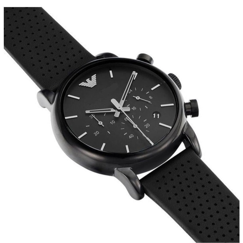 Emporio Armani Luigi Chronograph Black Dial Black Leather Strap Watch For Men - AR1737