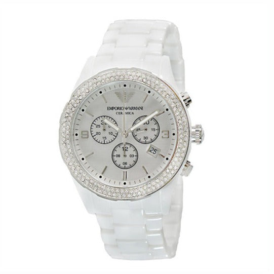 Emporio Armani Ceramica Chronograph White Dial White Ceramic Strap Watch For Women - AR1456