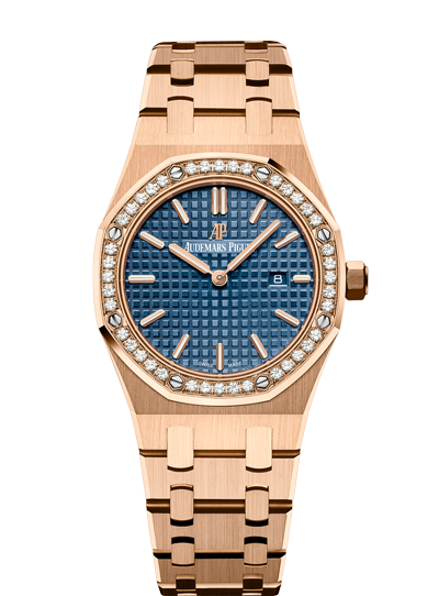 Audemars Piguet Royal Oak Quartz Diamonds Blue Dial Rose Gold Steel Strap Watch for Women - 67651OR.ZZ.1261OR.02