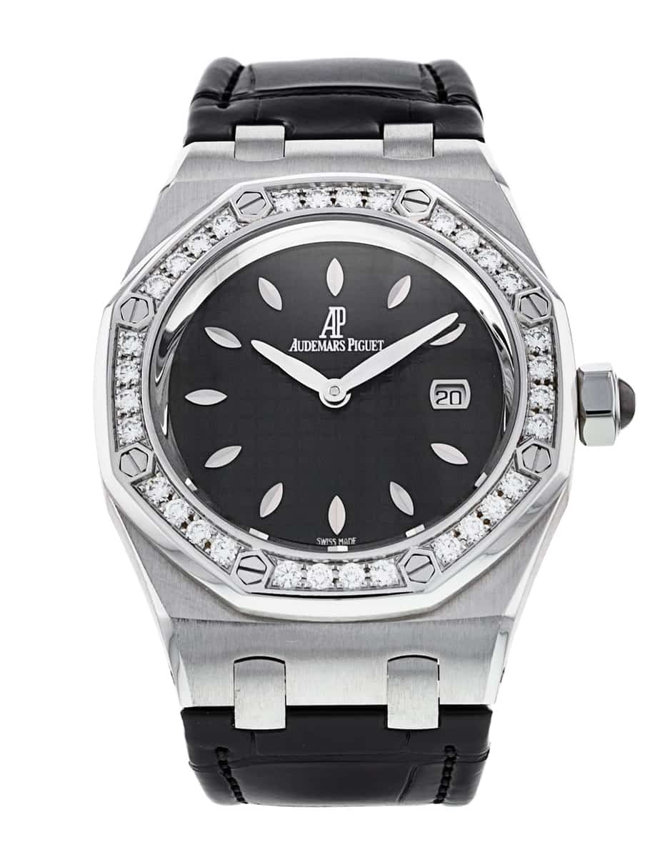 Audemars Piguet Royal Oak Quartz Diamonds Black Dial Black Leather Strap Watch for Women - 67621ST.ZZ.D002CR.01