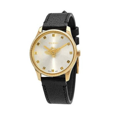 Gucci G Timeless Quartz Silver Dial Black Leather Strap Watch For Women - YA1265023