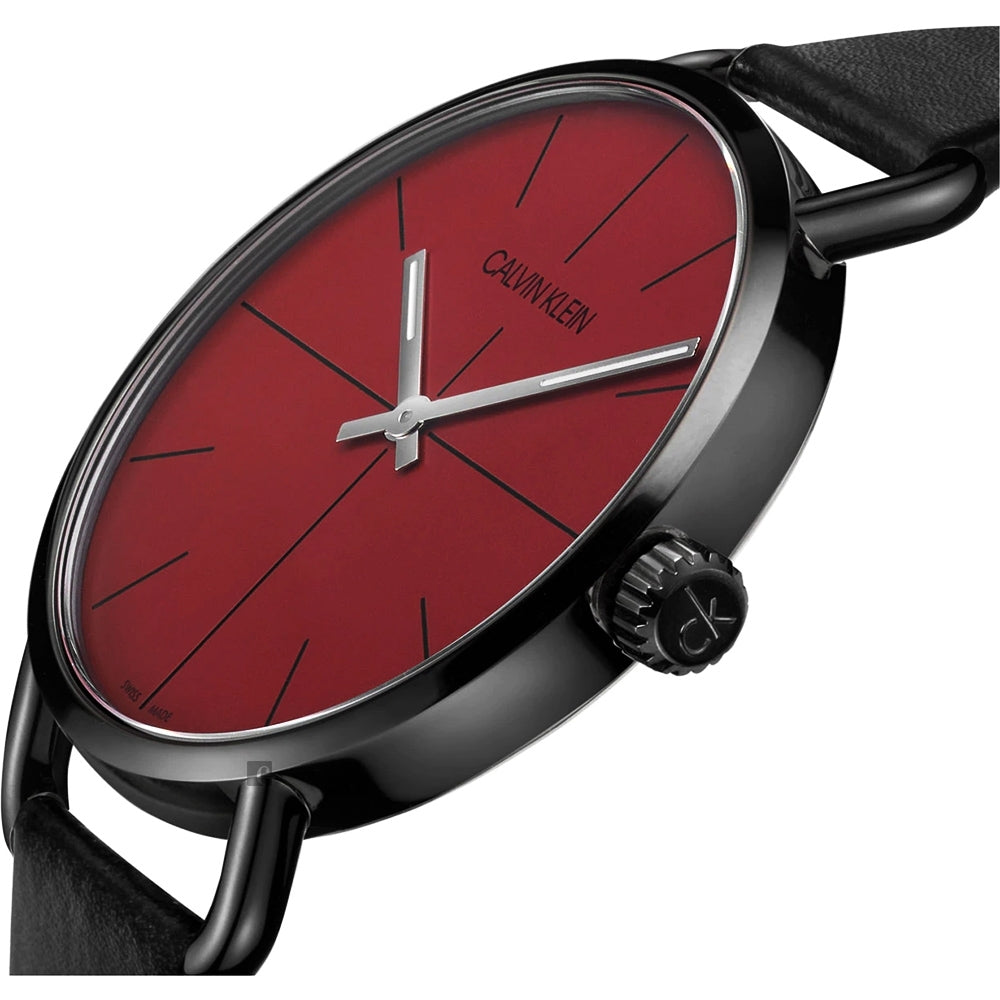 Calvin Klein Even Maroon Dial Black Leather Strap Watch for Men - K7B214CP