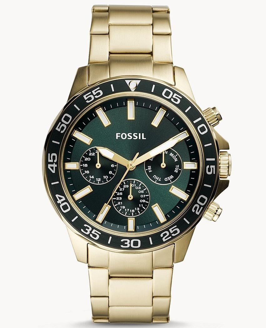 Fossil Bannon Multifunction Chronograph Green Dial Gold Steel Strap Watch for Men - BQ2493