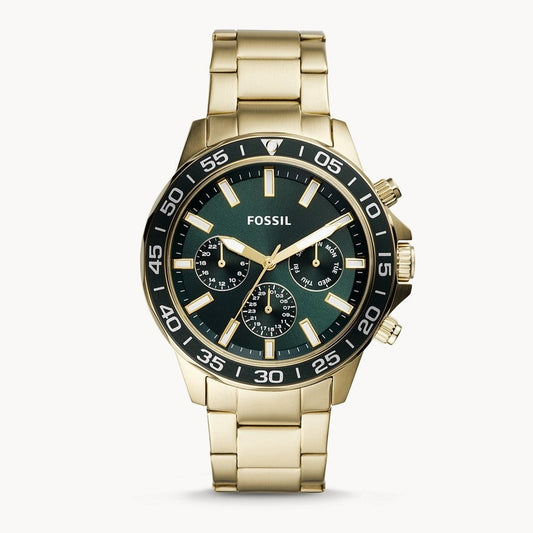 Fossil Bannon Multifunction Chronograph Green Dial Gold Steel Strap Watch for Men - BQ2493