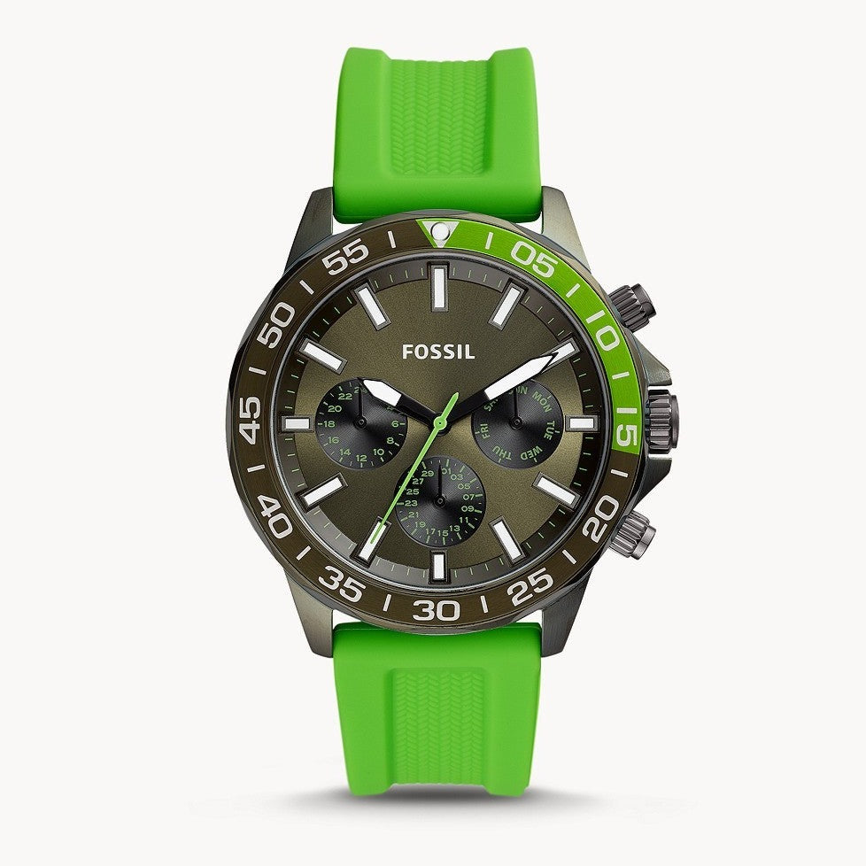 Fossil Bannon Chronograph Grey Dial Green Silicone Strap Watch for Men - BQ2501