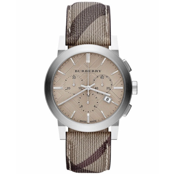 Burberry The City Smoke Beige Dial Checked Brown Leather Strap Watch for Men - BU9358