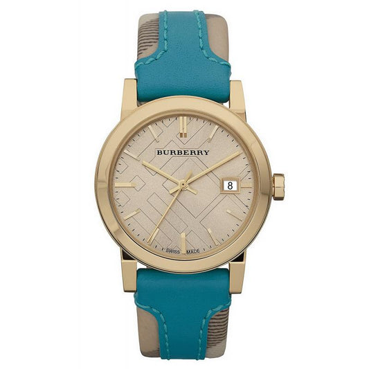 Burberry Heritage Gold Dial Turquoise Leather Strap Watch for Women - BU9112