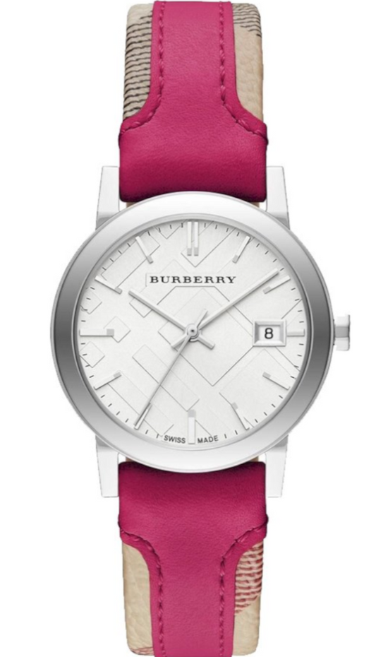 Burberry The City White Dial Pink Haymarket Leather Strap Watch for Women - BU9149