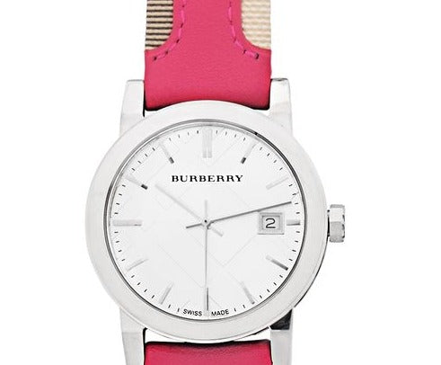 Burberry The City White Dial Pink Haymarket Leather Strap Watch for Women - BU9149