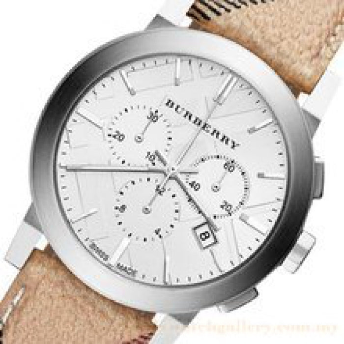 Burberry The City Chronograph White Dial Haymarket Beige Leather Strap Watch For Men - BU9360