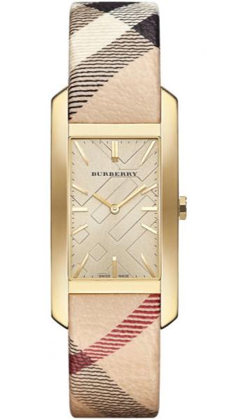 Burberry Pioneer Gold Dial Haymarket Beige Leather Strap Watch for Women - BU9407