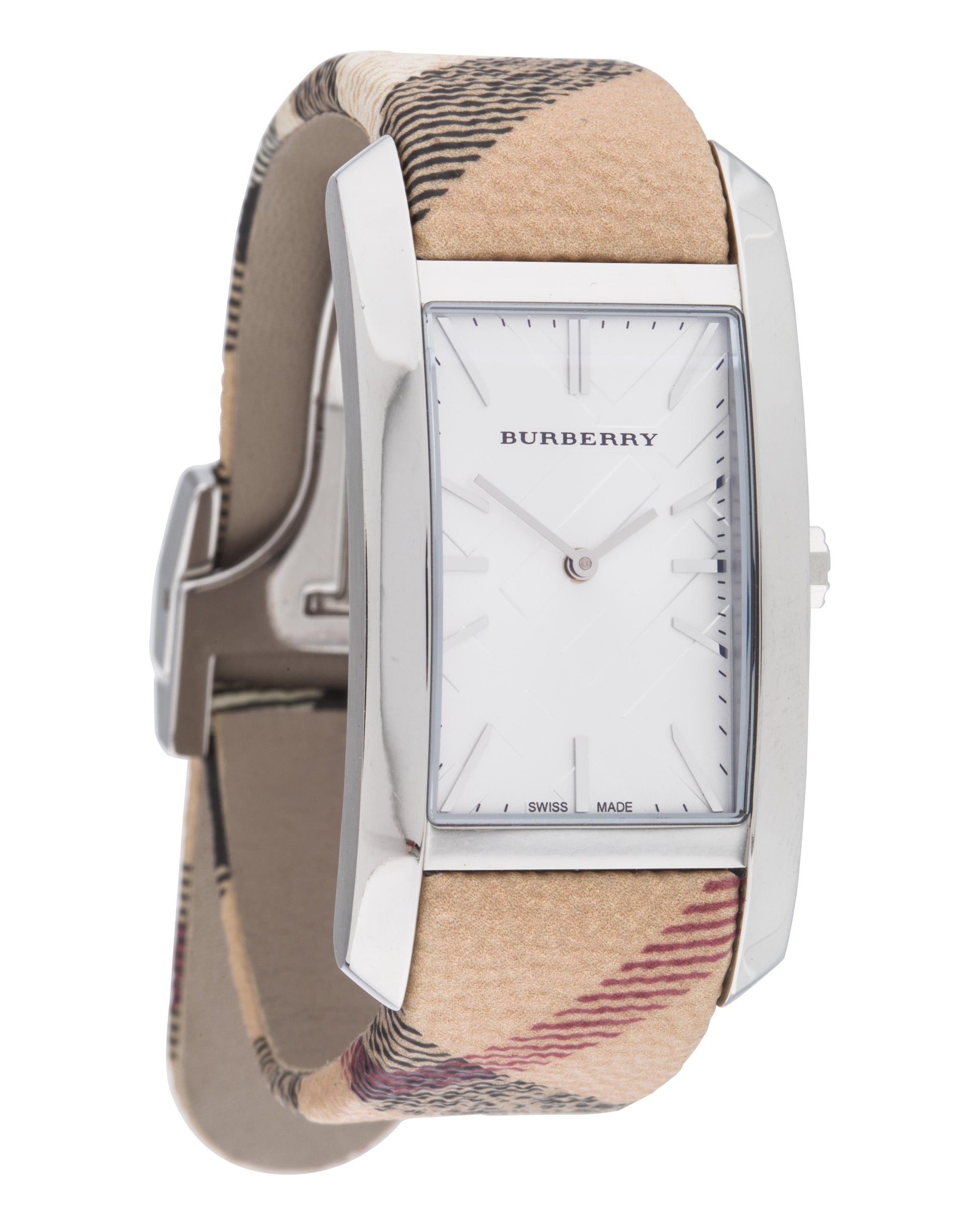 Burberry The Pioneer Silver Dial Haymarket Beige Leather Strap Watch for Women - BU9406