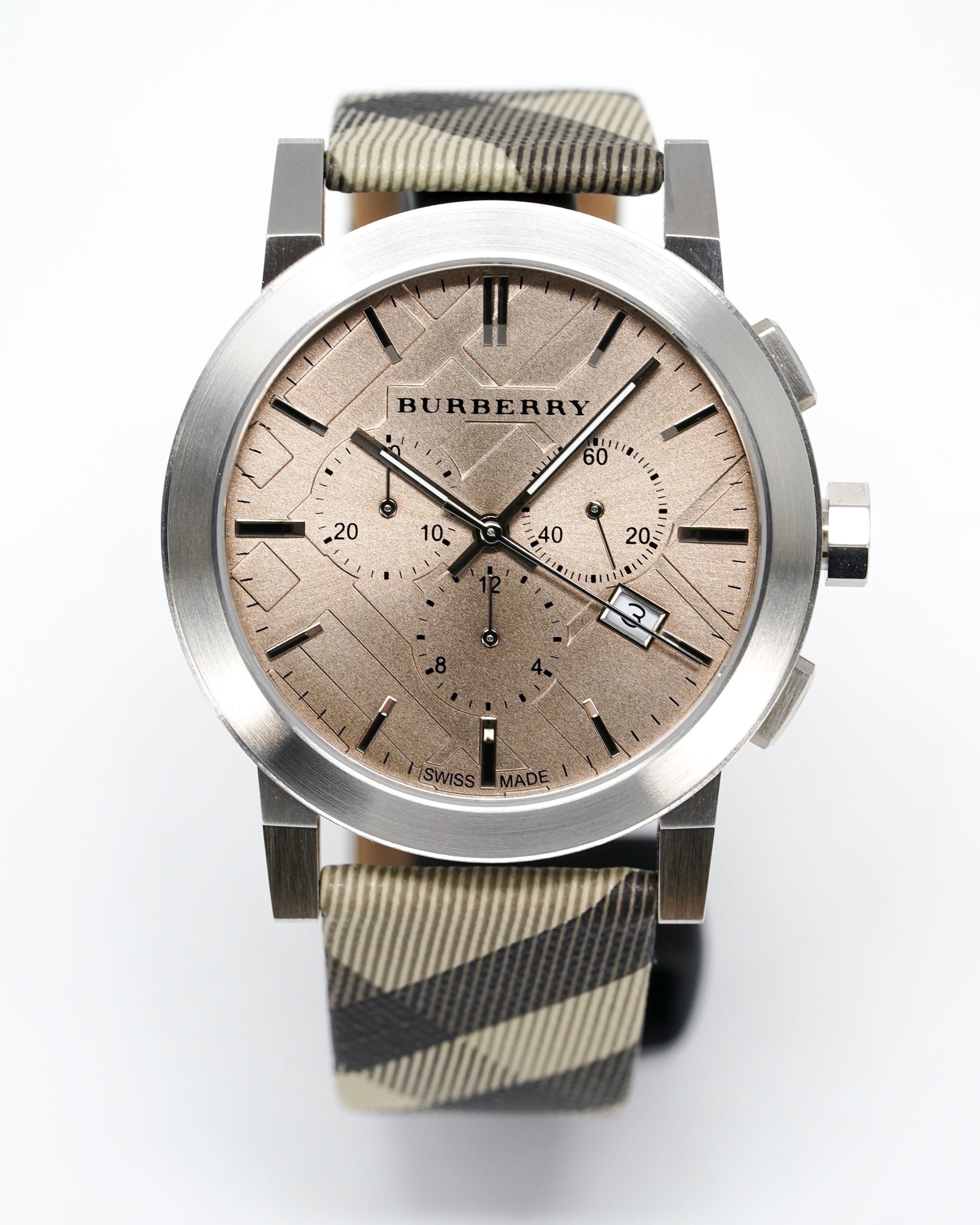 Burberry The City Smoked Brown Dial Checkered Brown Leather Strap Watch for Men - BU9361