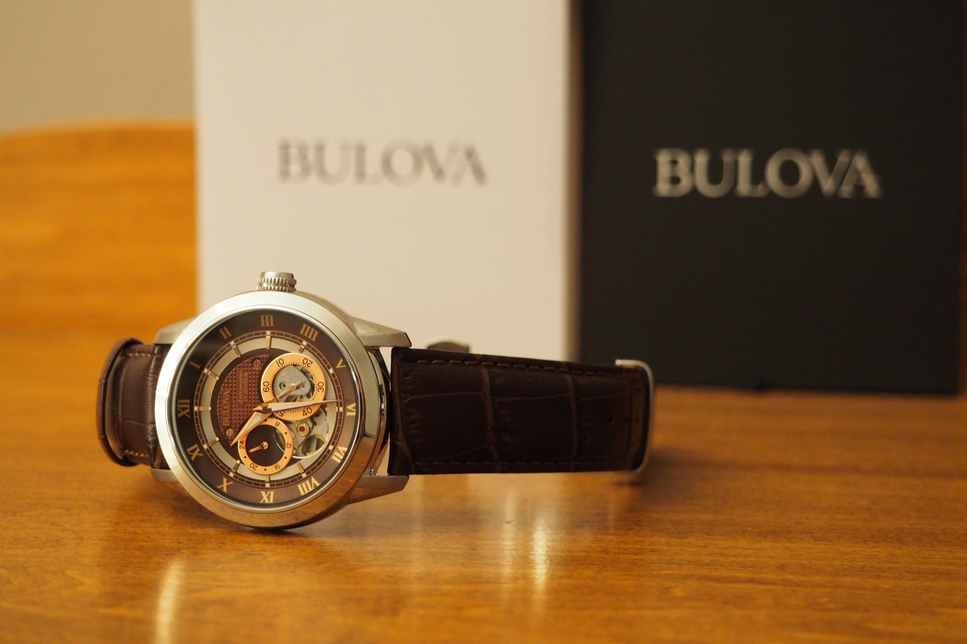 Bulova Classic Skeleton Automatic Brown Dial Brown Leather Strap Watch for Men - 96A120