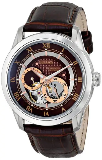 Bulova Classic Skeleton Automatic Brown Dial Brown Leather Strap Watch for Men - 96A120