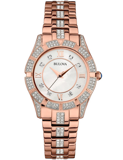 Bulova Crystal Mother of Pearl Dial Rose Gold Steel Strap Watch for Women - 98L197