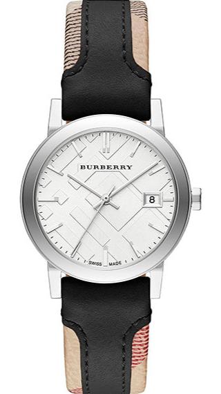 Burberry The City White Dial Haymarket Black Leather Strap Watch for Women - BU9150