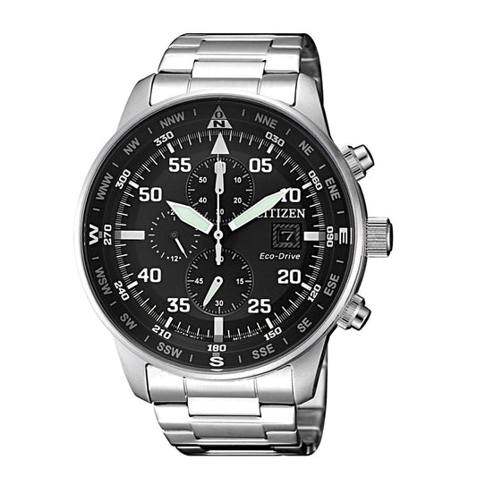 Citizen Eco Drive Chronograph Black Dial Silver Stainless Steel Watch For Men - CA0690-88E