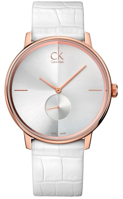 Calvin Klein Accent Silver Dial White Leather Strap Watch for Women - K2Y216K6