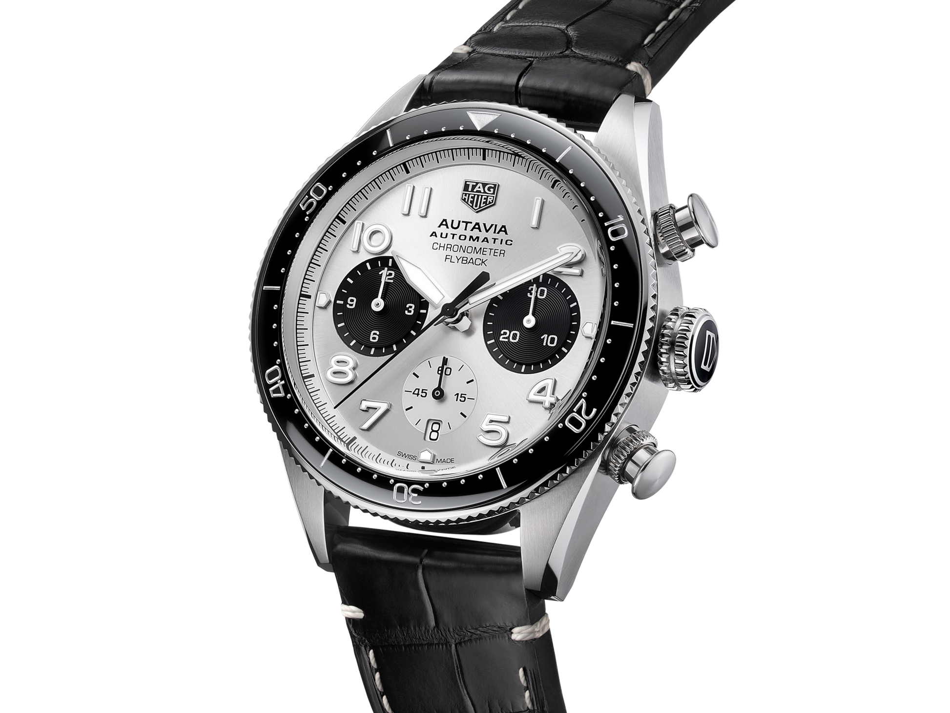 Tag Heuer Autavia Chronometer Flyback Chronograph Silver Dial Black Leather Strap Watch for Men - CBE511B.FC8279