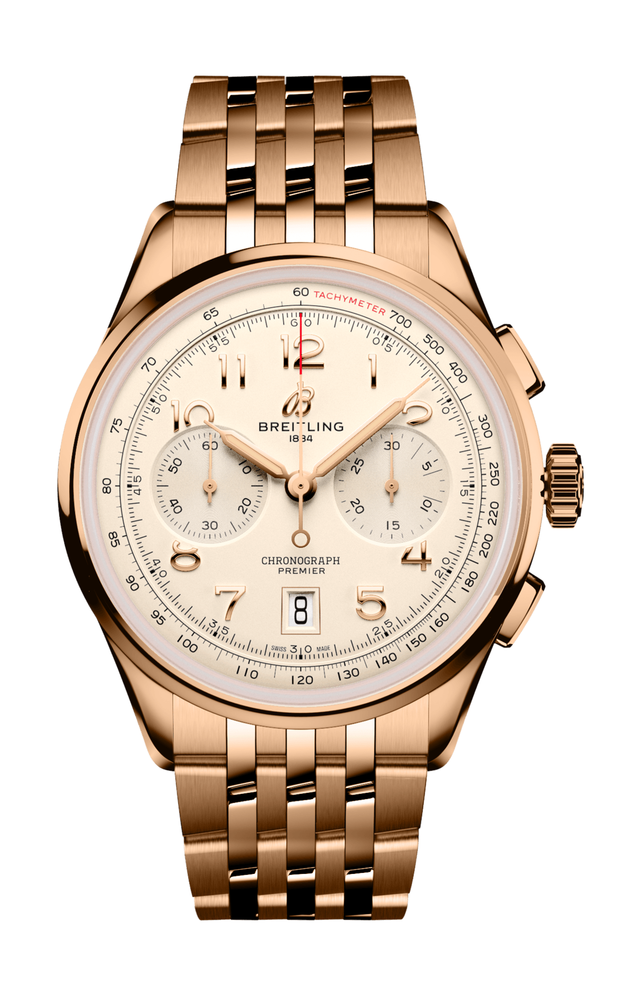 Breitling Premier B01 Chronograph 42 White Dial Rose Gold Steel Strap Watch for Men - RB0145371G1R1