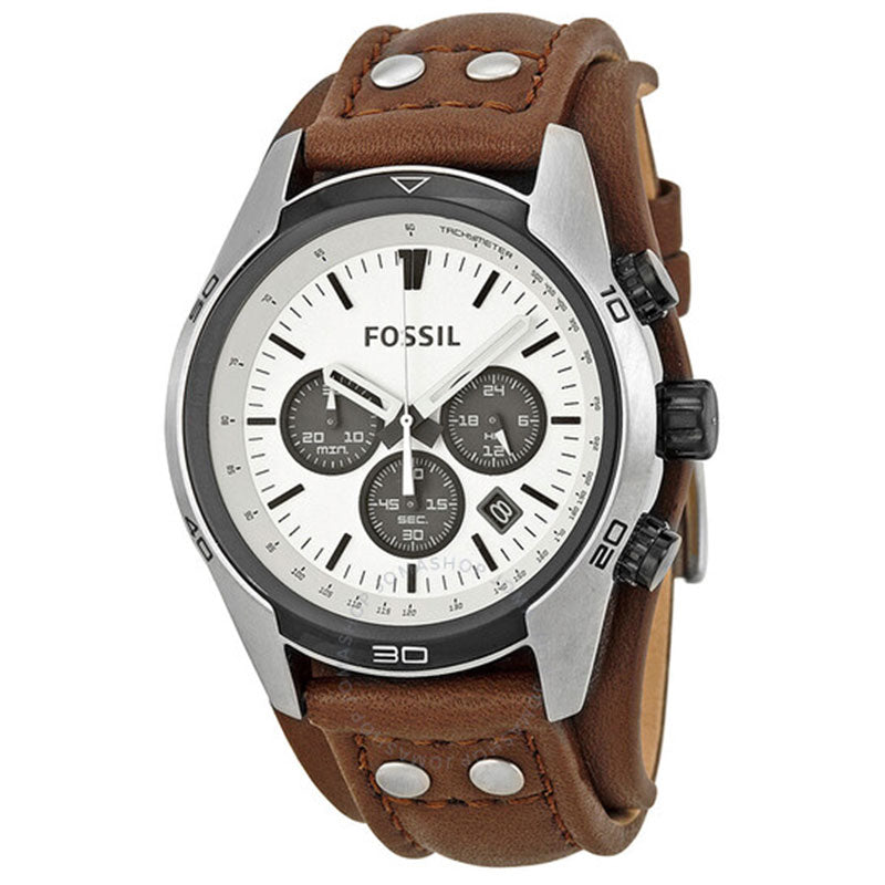 Fossil Coachman Chronograph White Dial Brown Leather Strap Watch for Men - CH2890