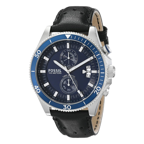 Fossil Wakefield Chronograph Blue Dial Black Leather Strap Watch for Women - CH2945