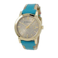 Burberry The City Gold Dial Turquoise Leather Strap Watch for Women - BU9018