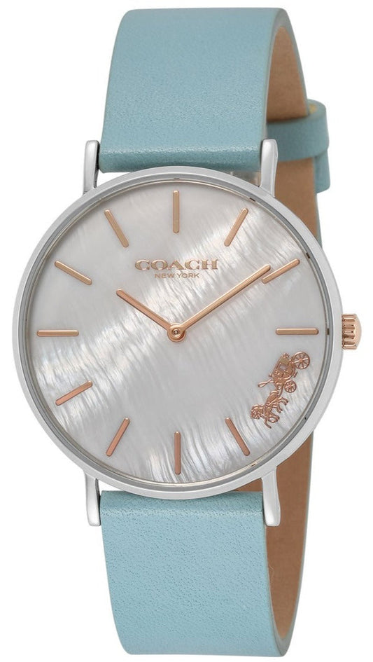 Coach Perry White Mother of Pearl Dial Turquoise Leather Strap Watch for Women - 14503271