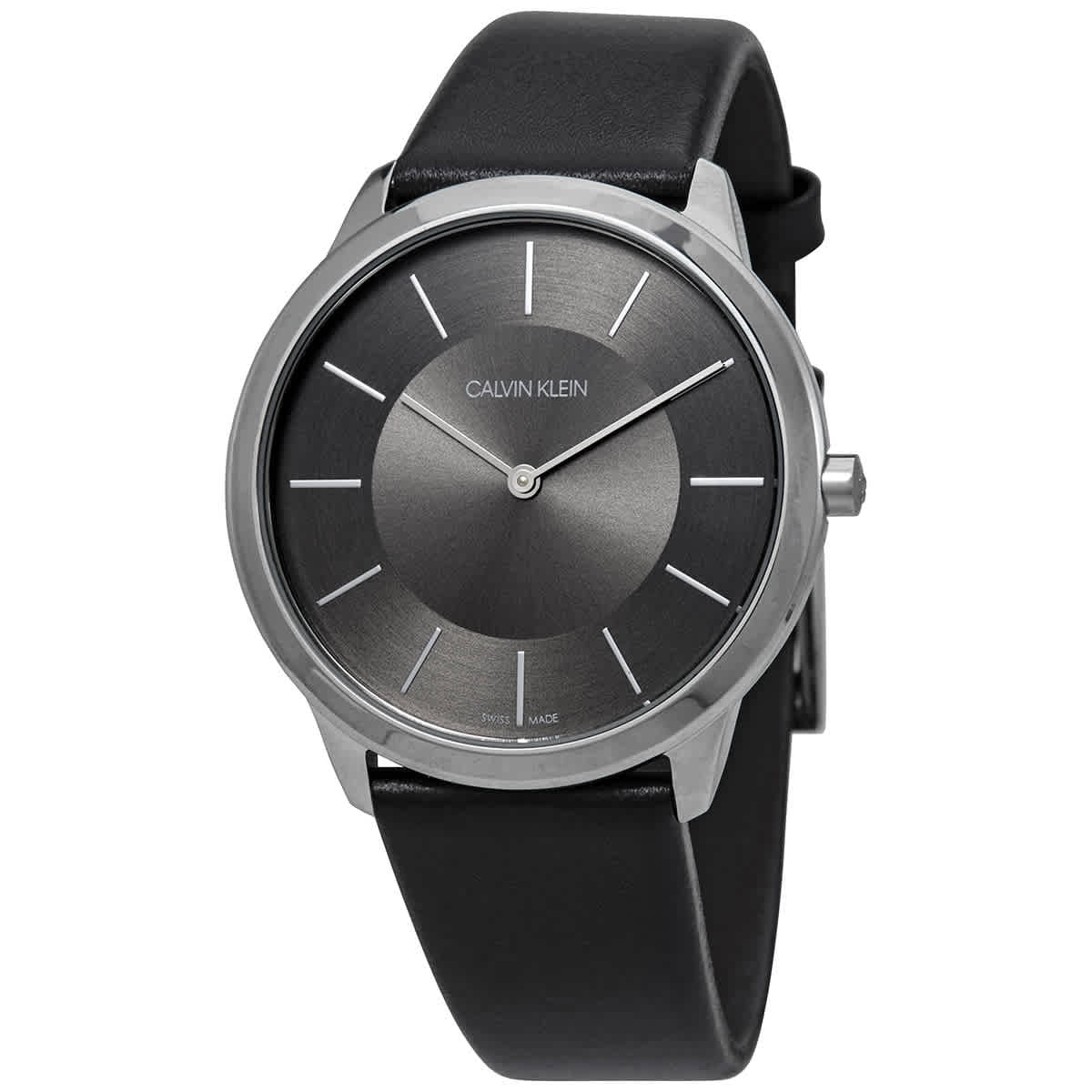 Calvin Klein Minimal Black Dial Black Leather Strap Watch for Men - K3M211C4