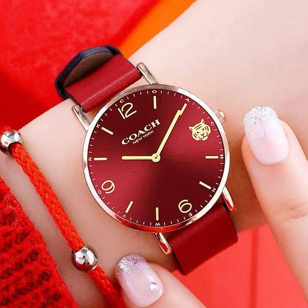 Coach Perry Red Dial Red Leather Strap Watch for Women - 14503486