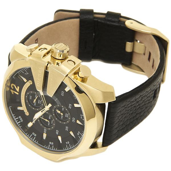 Diesel Mega Chief Gold & Black Dial Black Leather Strap Watch For Men - DZ4344