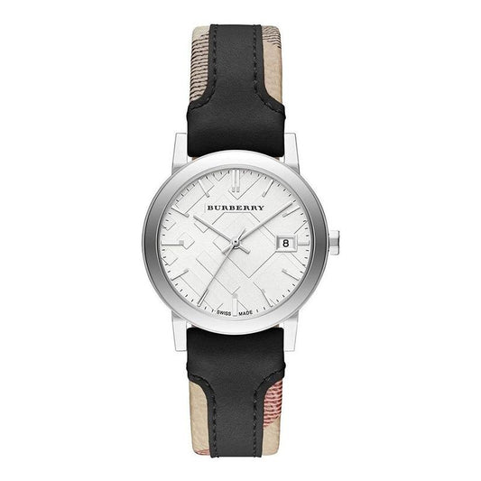 Burberry The City White Dial Haymarket Black Leather Strap Watch for Women - BU9150