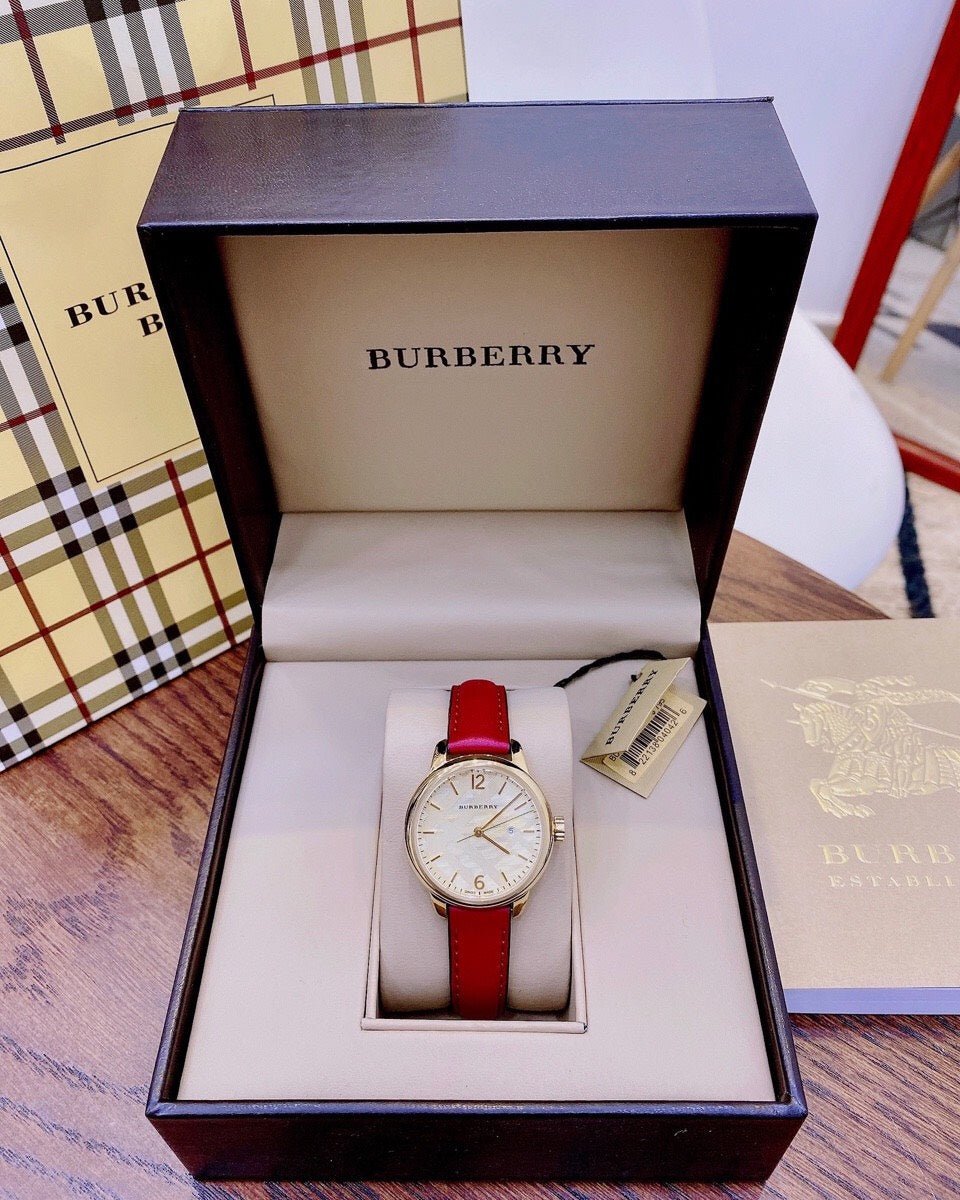 Burberry The Classic Gold Dial Red Leather Strap Watch for Women - BU10102