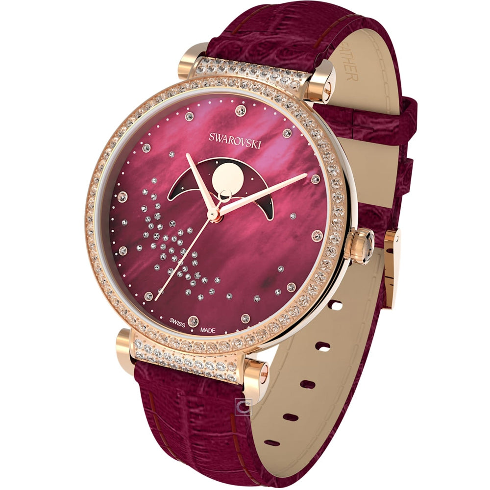 Swarovski Passage Moon Phase Red Dial Red Leather Strap Watch for Women - 5613323