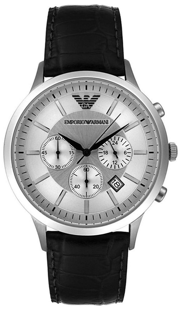 Emporio Armani Classic Chronograph Silver Dial Black Leather Strap Watch For Men - AR2432