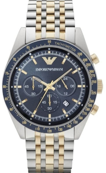 Emporio Armani Tazio Chronograph Blue Dial Two Tone Steel Strap Watch For Men - AR6088