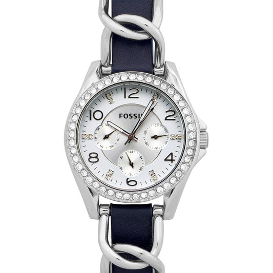 Fossil Riley White Dial Blue Leather Strap Watch for Women - ES3464