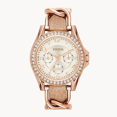 Fossil Riley White Dial Beige Leather Strap Watch for Women - ES3466