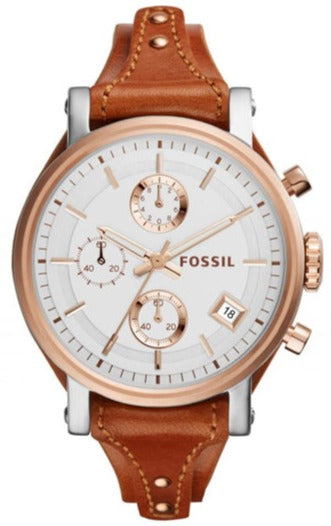 Fossil Boyfriend Chronograph White Dial Brown Leather Strap Watch for Women - ES3837