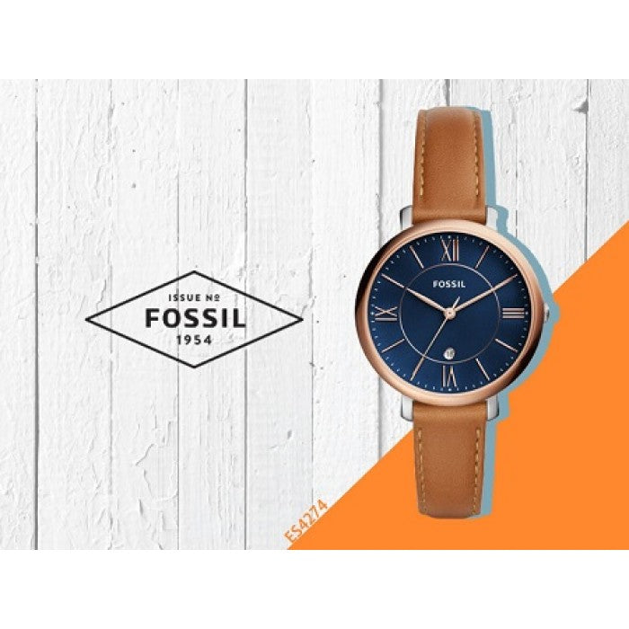 Fossil Jacqueline Date Luggage Blue Dial Brown Leather Strap Watch for Women - ES4274