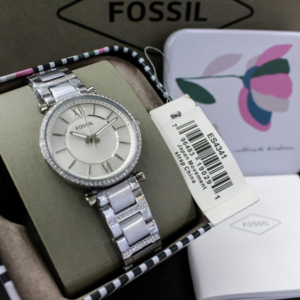 Fossil Carlie Silver Dial Silver Steel Strap Watch for Women - ES4341