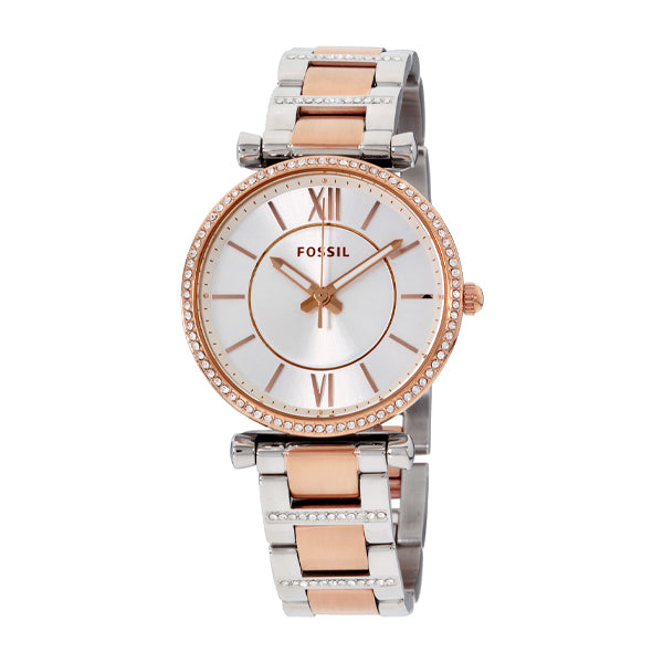 Fossil Carlie Silver Dial Two Tone Steel Strap Watch for Women - ES4342